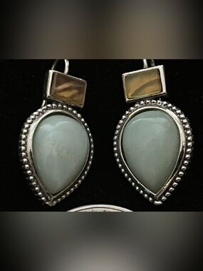 Vintage Roman Signed Teardrop Earrings | Amazonite & Abalone Shell